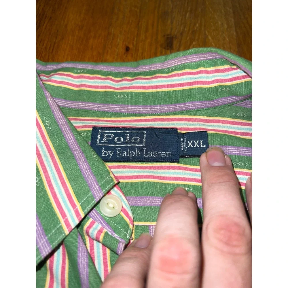 Polo Ralph Lauren XXL Green Multi Color Striped Long Sleeve Pocket Button Down‎